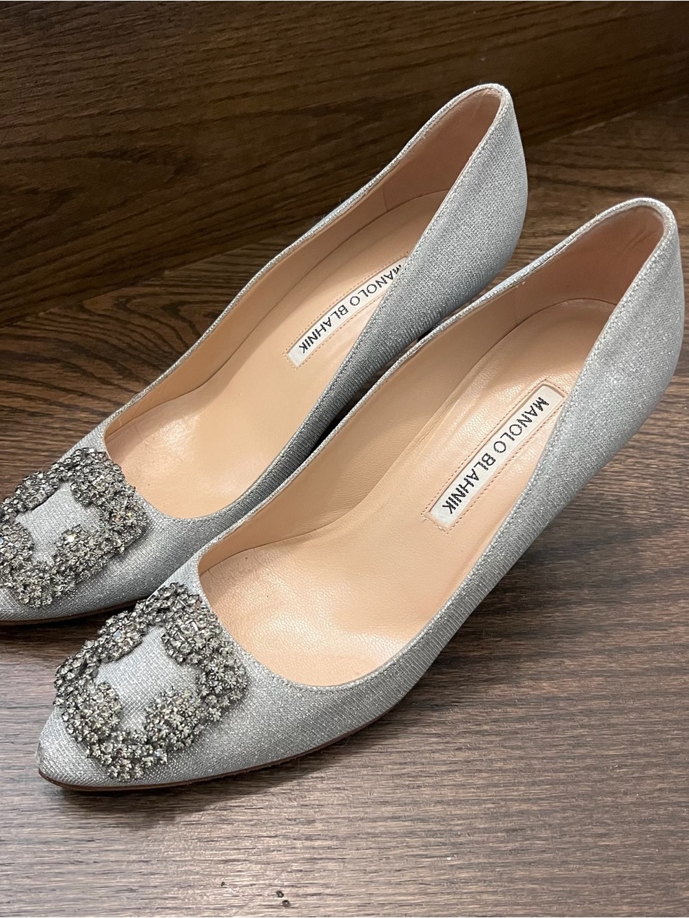 Manolo Blahnik White Rhinestone Silver Metallic Woven Hangisi Jeweled heels 37